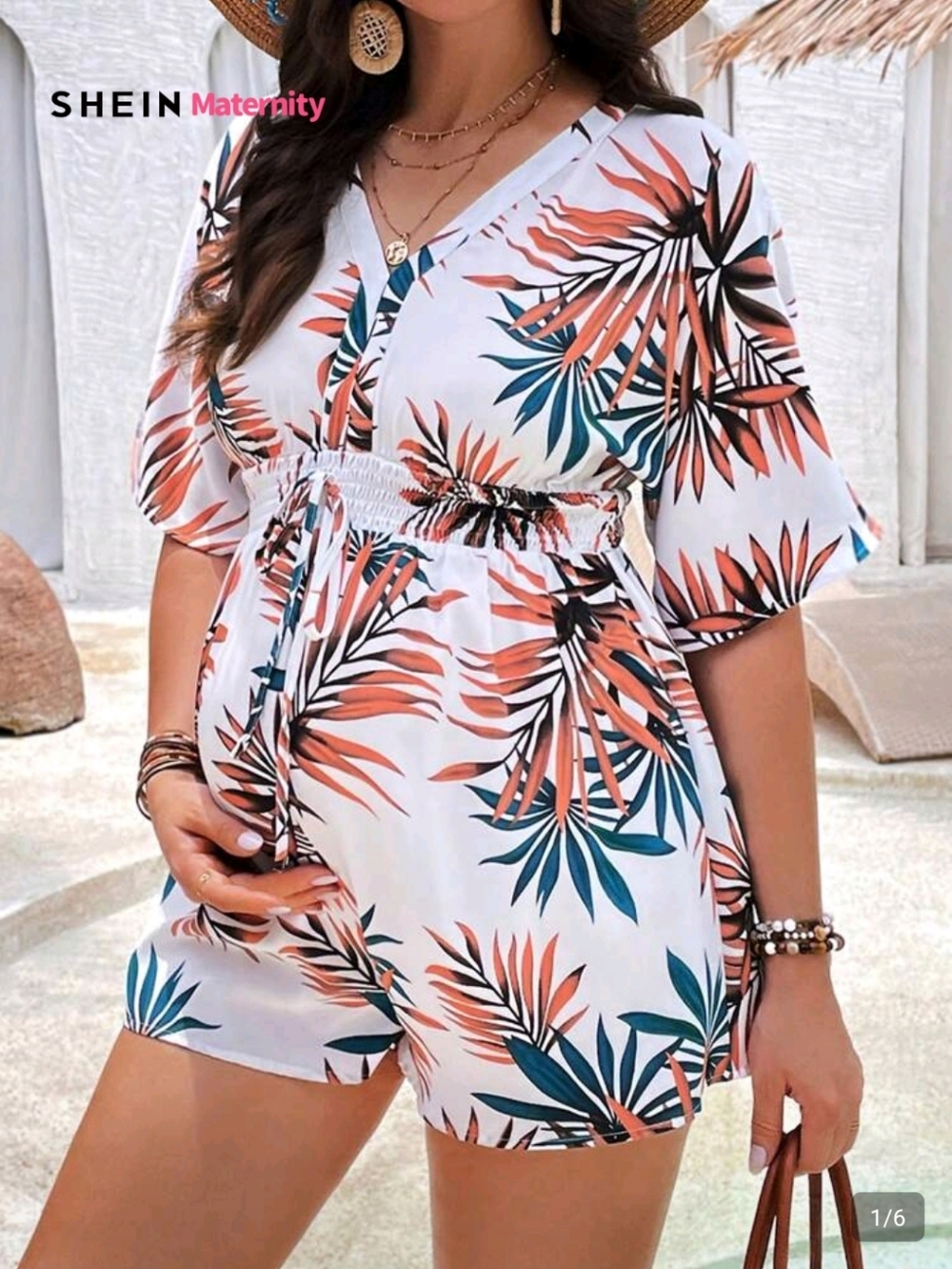 Tropical Maternity Romper with Coral & Teal Leaf Print